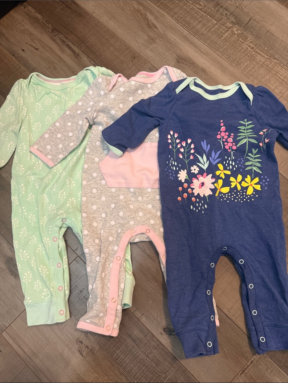 cloud island Floral & Polka Dot One-Piece Footies - Mint, Gray, Navy